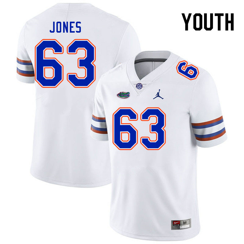 Youth #63 Caden Jones Florida Gators College Football Jerseys Stitched Sale-White